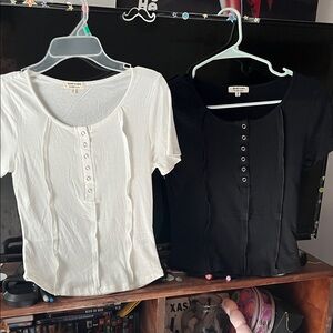 Heart & Hips White and Black Short Sleeve Buttoned Tops